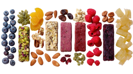 Healthy Raw Vegan Snacks: A flat lay of healthy raw vegan snacks like fruit bars, nuts, and dried berries, isolated on a Transparent background, PNG file.