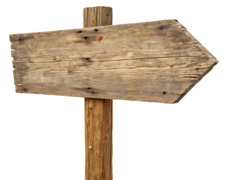 Rustic wooden arrow sign on a wooden post against a black background providing direction and wayfinding solutions for your design projects