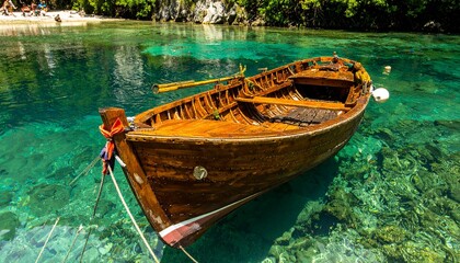 Obraz premium Professional photograph of a rustic wooden boat floating on calm turquoise water. The composition should place the boat as the clear focal point, ideally slightly off-center for dynamic framing. Light