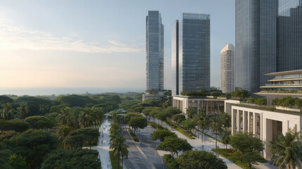 envision futuristic architecture that seamlessly integrates smooth forms of glass and concrete with lush greenery