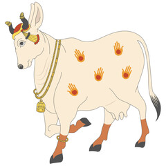 Sacred Indian Cow Pichwai Mughal Style Illustration with Traditional Ornaments and Hand Motifs