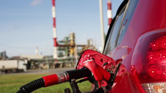 Background of an oil refinery, the gas tank of a red car has the handle of a pistol from a refueling pump stuck in. Gas pump nozzle filling gasoline car