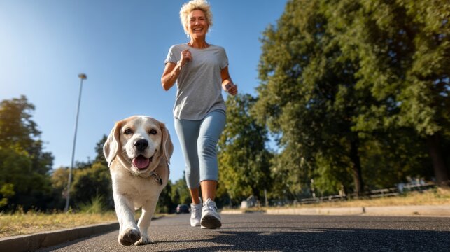 Happy asian woman joyfully walking her beagle in a sunny park surrounded by trees during the morning - Powered by Adobe