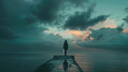 A single individual stands on a pier gazing out at the vast ocean, capturing the moment of serenity and contemplation