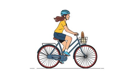 Fototapeta premium Stylized illustration featuring a woman cycling with a baguette in the front basket with safety helmet demonstrating eco-friendly transportation