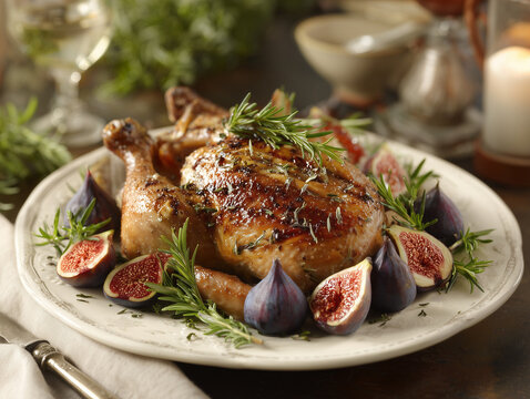Guinea fowl roasted, plated with rosemary garnish and figsa
