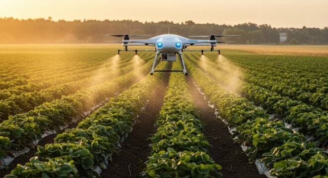 Modern agriculture technology with drone spraying pesticide over vibrant strawberry field at sunset for efficient farming - Powered by Adobe