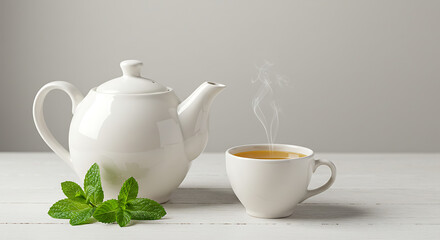 White porcelain teapot with a steaming cup of green tea, fresh mint leaves on the side, light minimalist background.