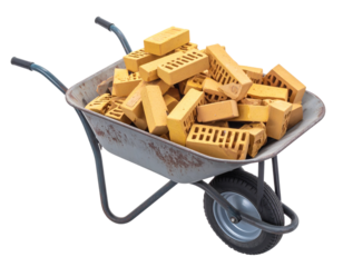 Angled Top-Down View of Wheelbarrow Overflowing with Yellow Bricks PNG
