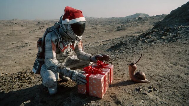 Unusual Christmas in space: An astronaut in a Santa hat on an alien planet gives a Christmas present with a red bow to an alien creature that looks like a snail. A symbol of friendship between worlds.