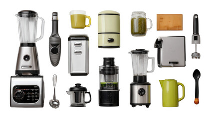 High-End Cooking Gadgets: A flat lay of high-end cooking gadgets like blenders, juicers, and food processors, isolated on a Transparent background, PNG file.