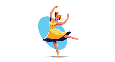 Fototapeta premium Elegant dancer in yellow dress performs a ballet move with grace and poise in a stylized illustration against a light blue backdrop