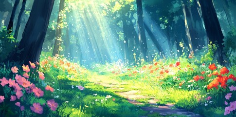 Stock woodland forest background banner in anime cartoon style