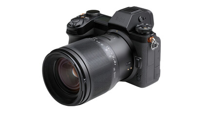 High-End Digital Camera: A flat lay of a high-end digital camera with sleek design and modern features, isolated on a Transparent background, PNG file.