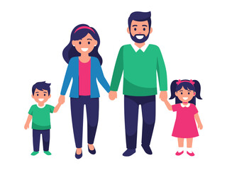 Family in Harmony: A happy family of four strolls hand-in-hand, radiating joy and love, illustrating the simple pleasure of togetherness and familial bonds.
