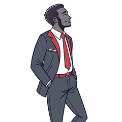 A full-body vector illustration of a successful businessman in a suit, standing with his hands in his pockets