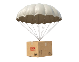Cardboard Box Descending with Open Parachute, Side View PNG