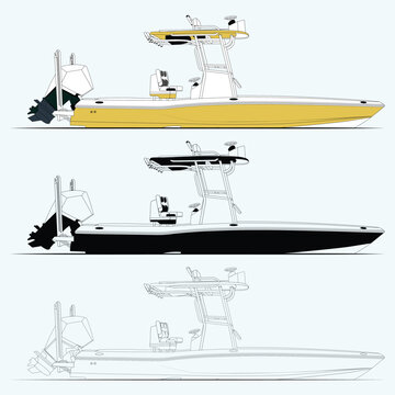 Fishing boat vector color, silhouette, and line art