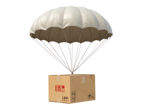 Cardboard Box Descending with Open Parachute, Side View PNG