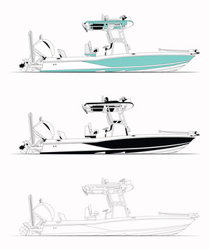 Fishing boat vector illustration, nautical line art with color variations