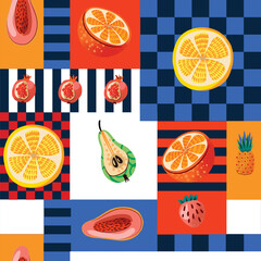 Seamless vector pattern with tropical fruits and colorful square background