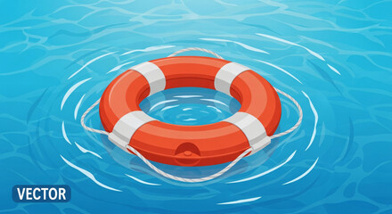 Bright orange lifebuoy floating on clear blue water, symbolizing safety and rescue at sea