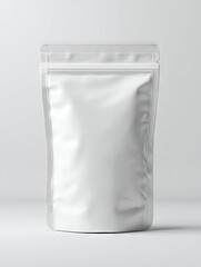 A stand-up, white, matte-finish, resealable pouch with a clear top zipper.  It's subtly wrinkled and sits on a neutral background