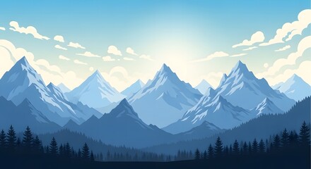 Majestic Mountain Range Landscape with Evergreen Forest and Serene Blue Sky Depicting Peace and Tranquility Perfect for Desktop Wallpaper or Scenic Background