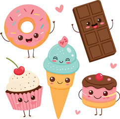 Cute Cartoon Food and Drinks Vector Illustration Set Isolated on White