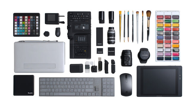 High-End Photo Editing Tools: A flat lay of high-end photo editing tools like software and graphics tablets, isolated on a Transparent background, PNG file.