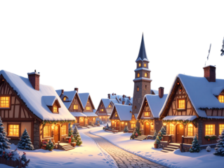 Whimsical Miniature Village with Glowing Windows Under Full Moon and Starry Sky, Front View, Isolated on Transparent Background