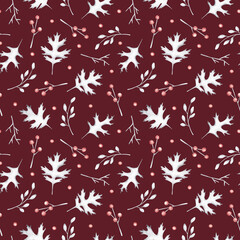 Winter nature seamless pattern hand drawn with watercolor. Christmas foliage - white leaves and red berries. Festive Christmas background