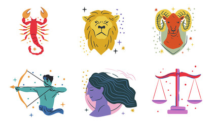 12 Horoscope Symbols Illustration, Rashi Zodiac Signs Sticker Set | Indian Astrology Vector, Aries, Taurus, Gemini, Cancer, Leo, Virgo, Libra, Scorpio, Sagittarius, Capricorn, Aquarius, and Pisces