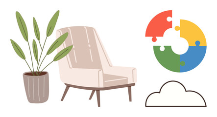 Armchair with wooden legs, potted green plant, multicolor puzzle chart, and cloud outline. Ideal for relaxation, interior design, collaboration, brainstorming, innovation simplicity and creativity