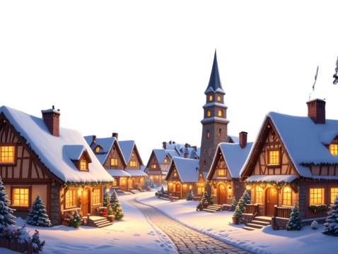 Whimsical Miniature Village with Glowing Windows Under Full Moon and Starry Sky, Front View, Isolated on Transparent Background - Powered by Adobe