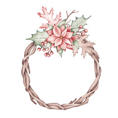 Watercolor Christmas frame, wreath. Traditional winter foliage - poinsettia flowers, red berries, leaves, branches. For designing festive cards, banners, invitations. New Year, Christmas design