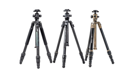 High-End Photography Tripods: A flat lay of high-end photography tripods with sturdy metal legs, isolated on a Transparent background, PNG file.