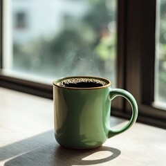 A steaming cup of dark coffee sits on a light wood surface by a window, bathed in sunlight; a blurred, leafy green background is visible