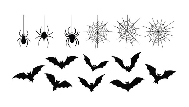 Halloween-themed decorations: A collection of intricate silhouettes of spider, spider web and bat decorations for use during the halloween holiday 