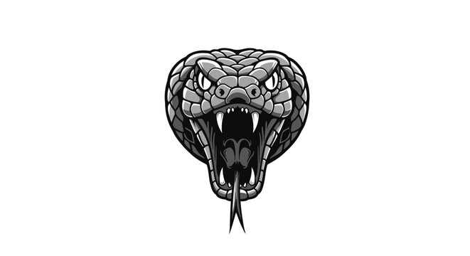 Fierce snake head with fangs in monochrome style on white background