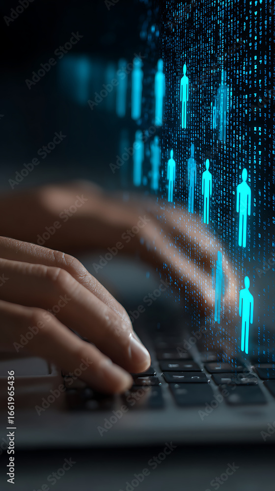 Poster close-up of hands typing on a laptop with blue human icons and binary code on the screen keyboard