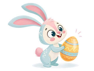 Cute cartoon bunny holding a decorated easter egg