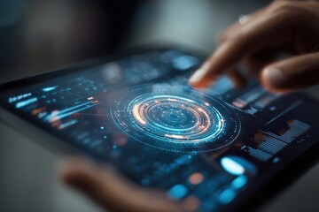 Exploring innovative technology with a hand interacting with a glowing interface on a tablet device