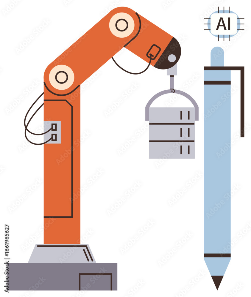 Poster robotic arm handling data servers next to blue pen with ai chip, symbolizing automation, artificial 
