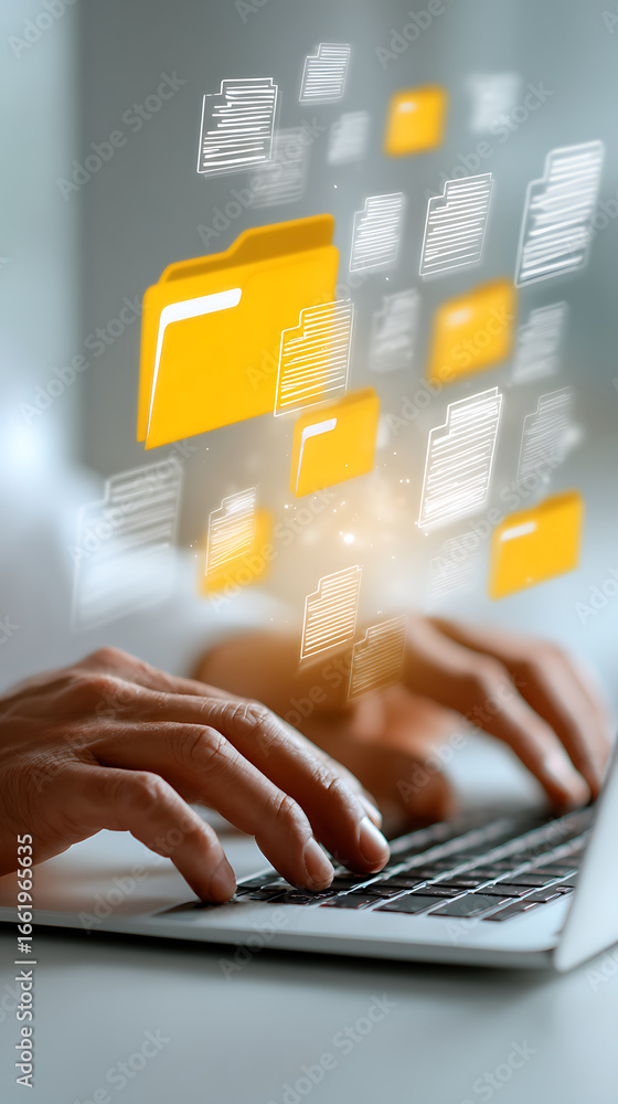 Poster close-up of hands typing on a laptop with digital document and folder icons in a bright, airy settin