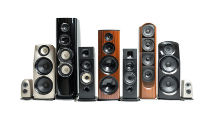 High-End Speaker Systems: A flat lay of high-end speaker systems with a modern design, isolated on a Transparent background, PNG file.