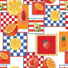 Seamless vector pattern with tropical fruits and colorful square background