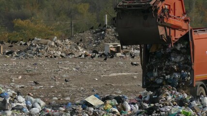A large waste disposal truck unloading garbage. A trash truck dumping waste on a landfill. An ecological problem with a vehicle polluting the environment. - Powered by Adobe