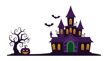 Spooky Halloween Night: A ghoulish castle rises ominously under the moon. Alongside it a bare tree, and a menacing jack-o'-lantern. The air buzzes with the flight of shadowy bats.