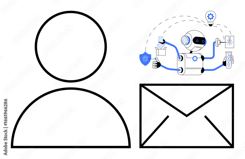Poster robot managing email processes, security, gear, and innovation, alongside user and envelope icon. id